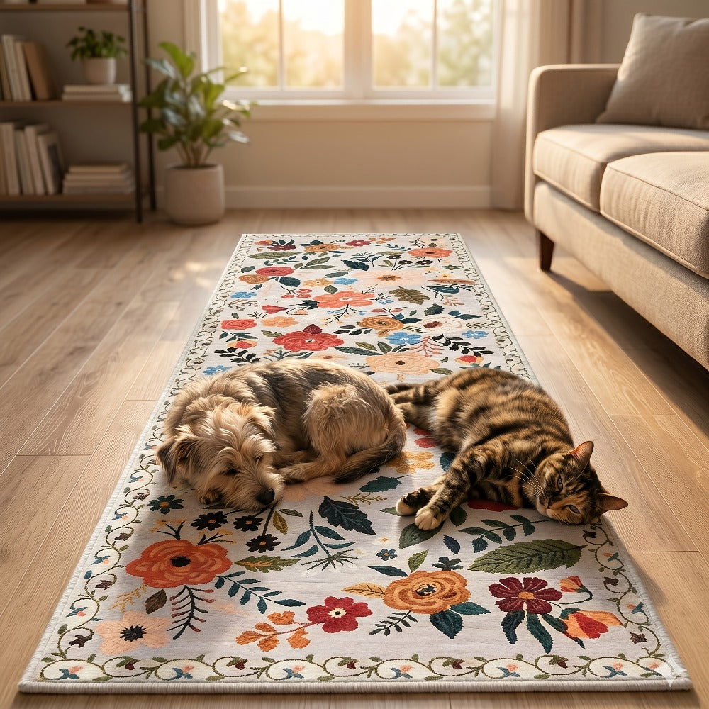 Bohemian Floral Plush Rug Non-Slip Machine Washable – Soft Floral Runner Mat for Bedroom, Kitchen, Bathroom, Entryway & Living Room – Easy Clean Indoor Home Decor Mat, 4 Sizes
