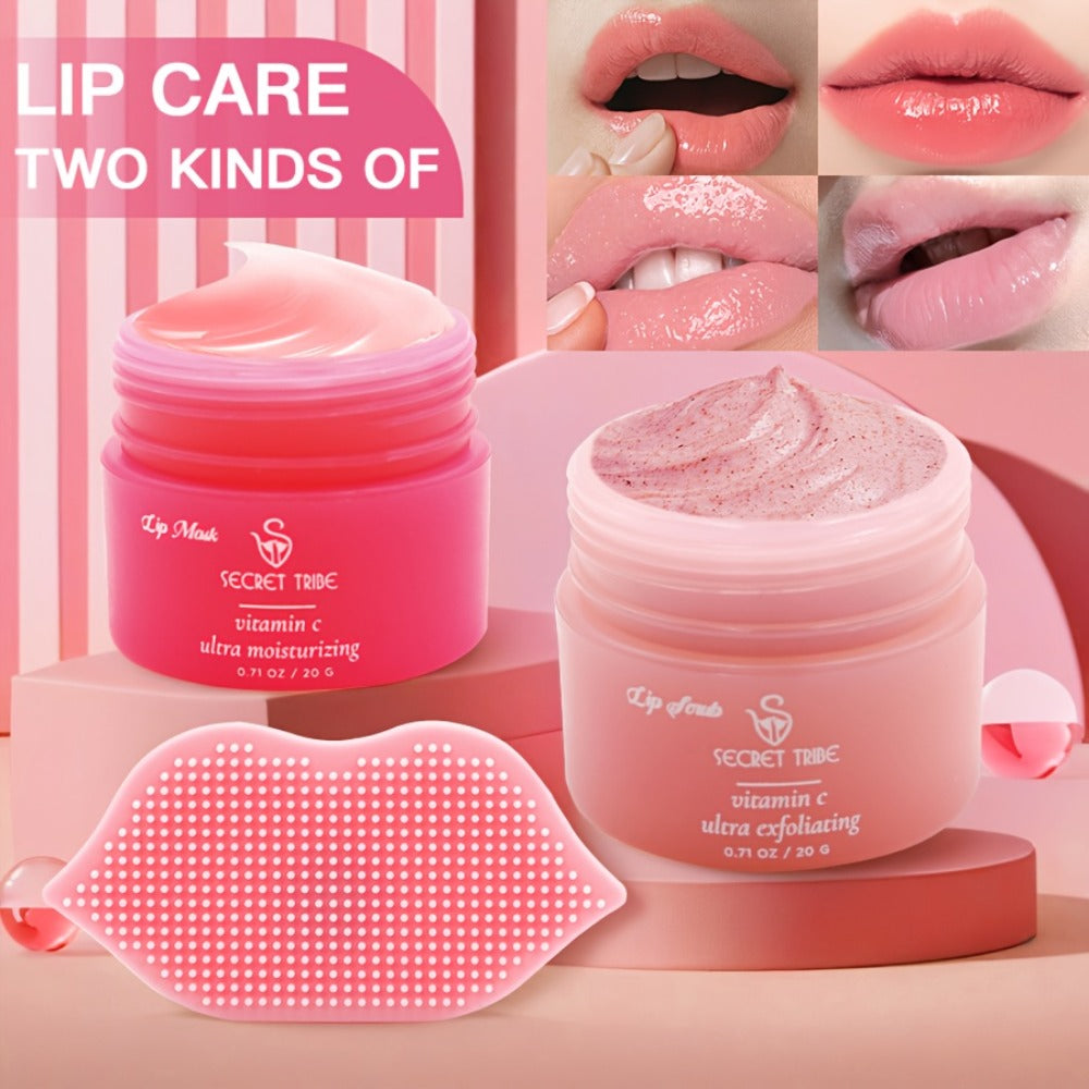 Lip Care Set 3pcs – Lip Mask, Lip Scrub Balm & Lip Brush Kit with Natural Ingredients for Deep Hydration, Exfoliation & Lip Color Enhancement, Strawberry & Peach Scent Gift for Women