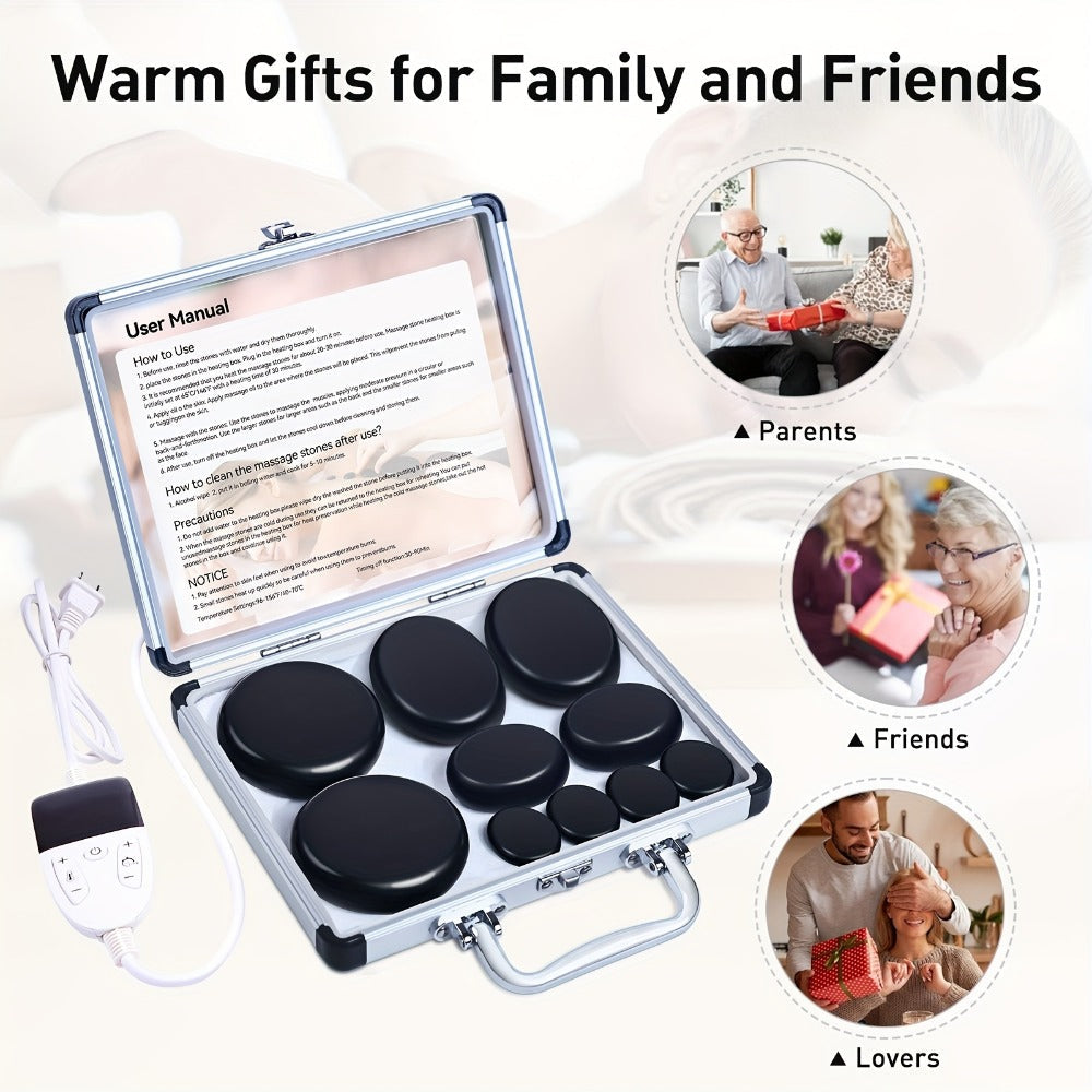 Hot Stone Massage Kit with Heater & Temperature Control – 10-Piece Professional Basalt Spa Stones Set for Full Body, Neck, Back & Leg Massage Therapy at Home or Salon