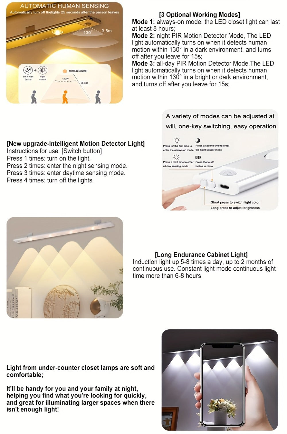 LED Sensor Strip Light USB Rechargeable – 3-Color Dimmable Motion Sensing Wireless Night Light for Kitchen, Wardrobe, Cabinet, Shoe Cabinet & Bedroom (20cm / 30cm / 40cm / 50cm)