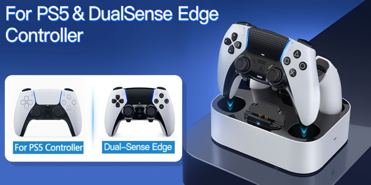 Safe Charging PS5 Controller Charging Station with Smart Chip – Dual Fast Charging Dock for DualSense & DualSense Edge, 2.5Hr Full Charge, Blue LED Indicator, Non-Slip Pad, Cable Included