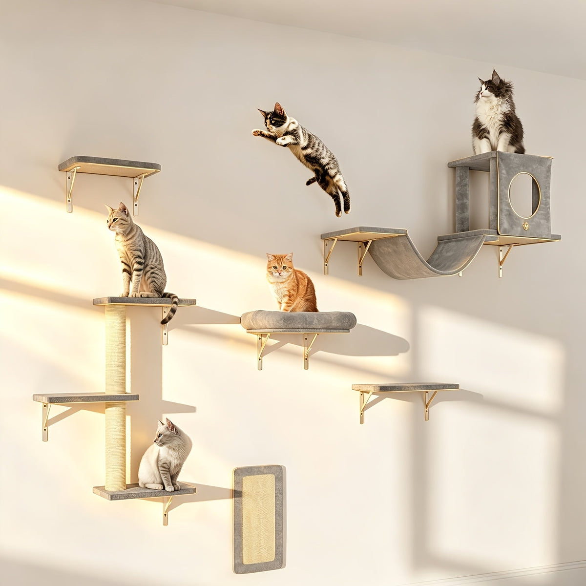 Cat Wall Shelf Climbing Set – 7-Piece Deluxe Wall Mounted Cat Furniture with Condo, Scratching Post, Bridge, Ladder & Tunnel for All Cat Sizes