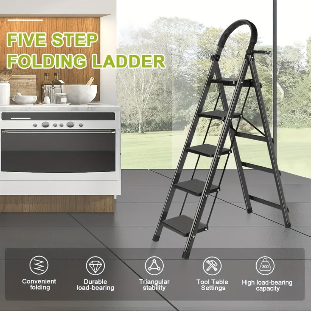 Folding Step Ladder 3 / 4 / 5 Step with Anti-Slip Pedal & Tool Tray – 450 LBS Capacity Portable Steel Step Stool for Adults, Home, Kitchen, Library & Office Use – Red & Black Options