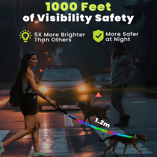 LED Dog Leash with 13 Lighting Modes, USB Rechargeable, 4-Foot Swivel-Hook Design