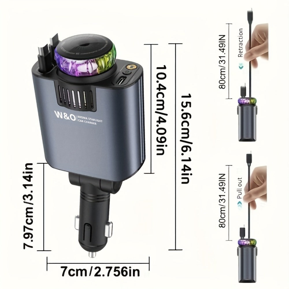 Car Charger with Perfume 3-in-1 Fast Charging AromaRelax Starlight Projector Retractable Cable USB-C & Lightning for iPhone 16 15 14 13 12, Samsung Galaxy Android – Blue Red, Flower Heart Shangri-la Cologne Styles