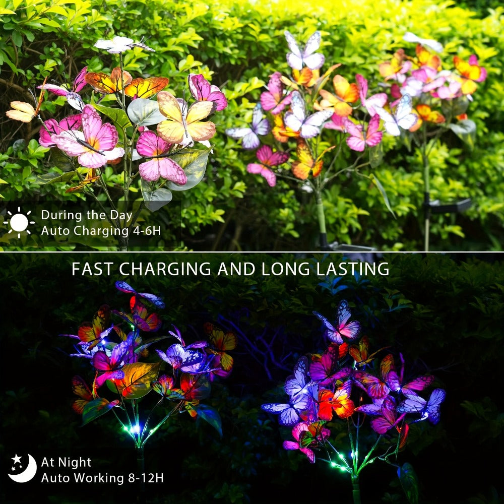 Solar Butterfly Garden Stake Lights Outdoor Waterproof IP65 – 2pcs Colorful LED Solar Powered Lawn Insert Lights for Garden, Courtyard & Patio | Christmas Holiday Yard Decoration Ground Lights