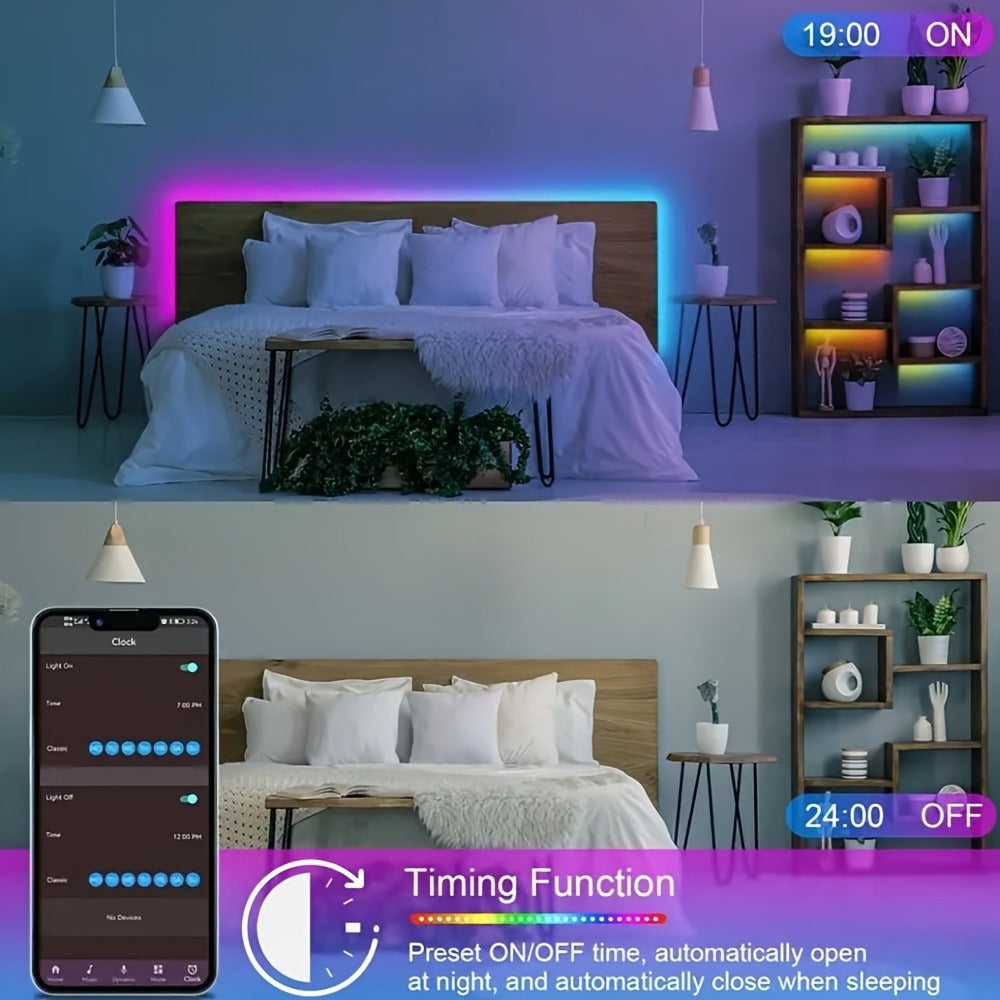 RGB LED Strip Lights Music Sync Color Changing – App & 24-Key Remote Control Dimmable Timer Adhesive LED Light Strip for Bedroom Dorm Ceiling TV Holiday Decor – 6.56FT to 260FT