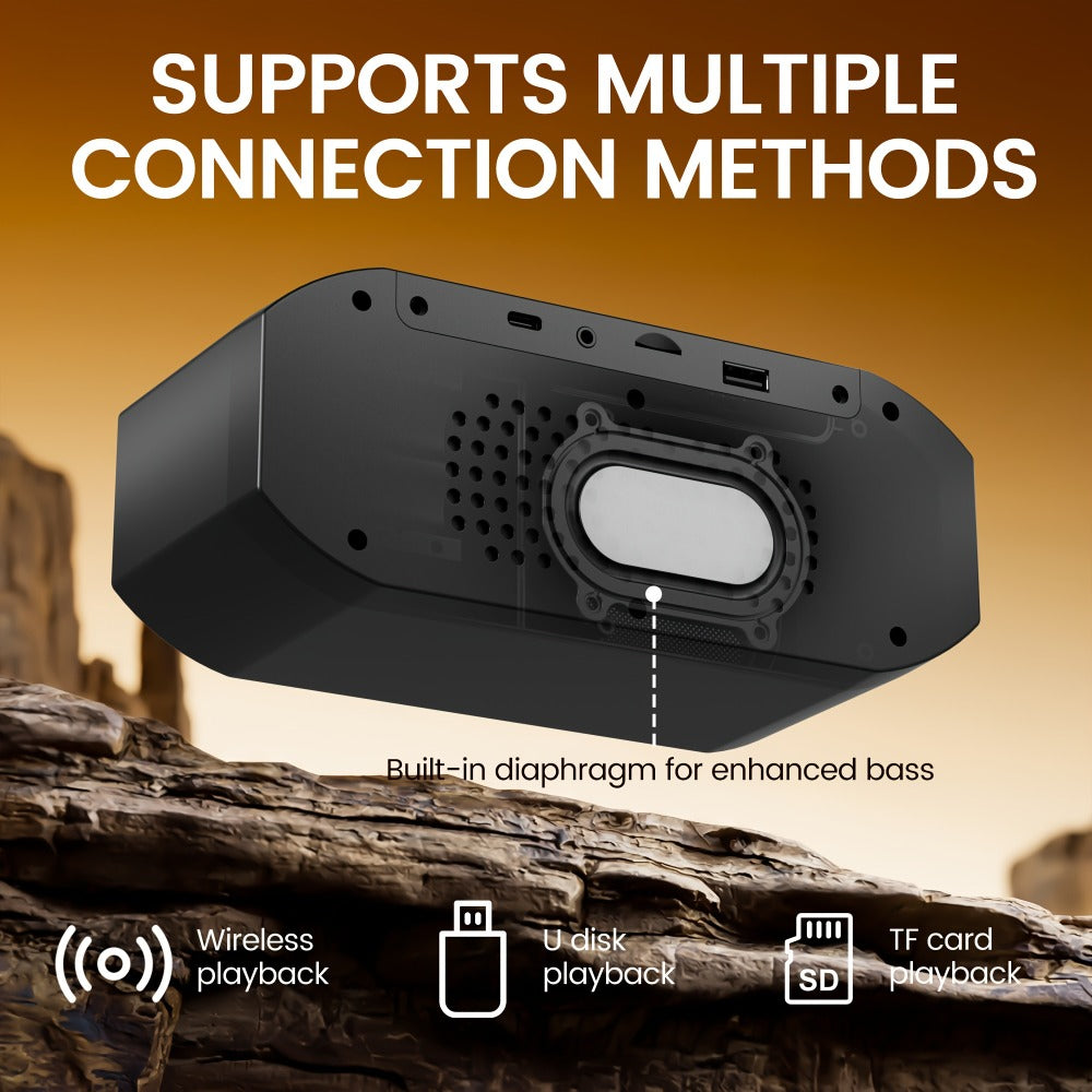 Bluetooth Speaker with Digital Alarm Clock, Fixed-Time Alarm, HD Sound, TWS Stereo Pairing, USB TF Card AUX Input, Type-C Rechargeable, Non-Slip Base, Wireless Bedside Speaker for Home Bedroom Dorm Camping