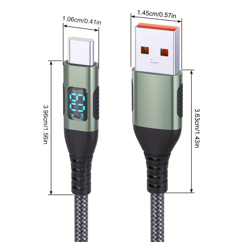 USB-A to USB-C Cable with LED Digital Display, 3A Fast Charging & 480Mbps Data Sync, Nylon Braided Anti-Overheat, for iPhone 15 Samsung Galaxy LG Android – Green (1pc/2pcs)