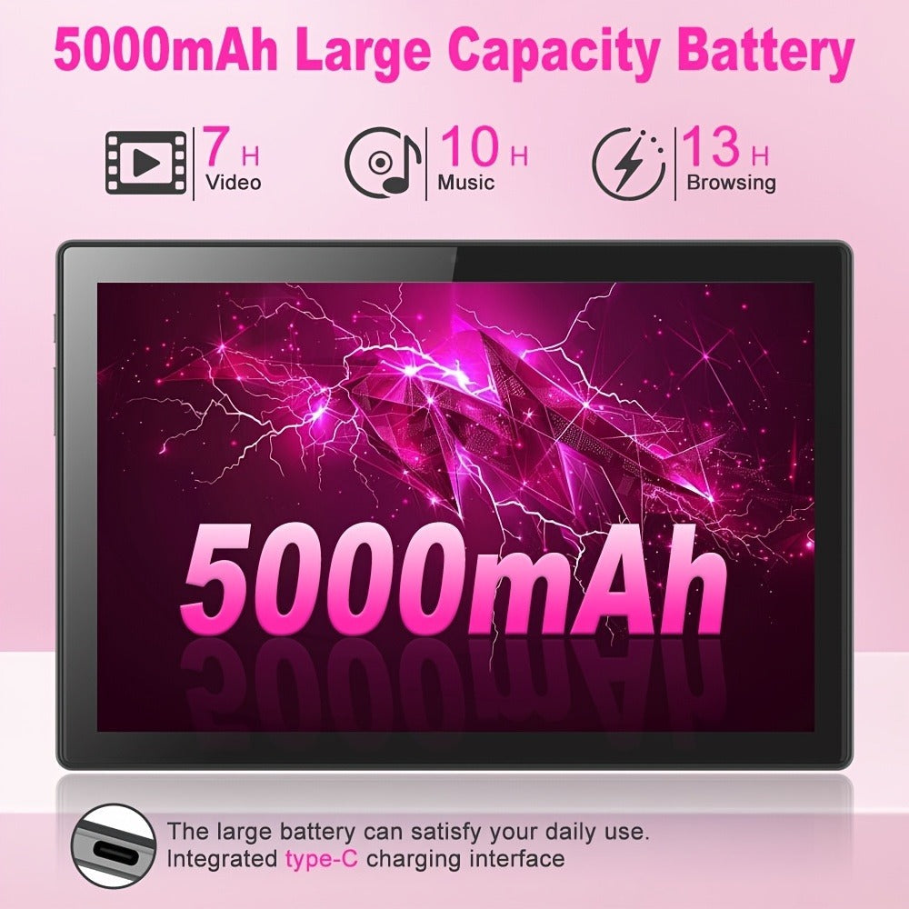Pink 2-in-1 Android Tablet 10.1 Inch 6GB RAM 128GB ROM 5G WiFi with Keyboard Mouse Case Stylus Pen Dual Camera Type-C Touch Screen Portable Tablet PC Bundle for Work Study Women Teens