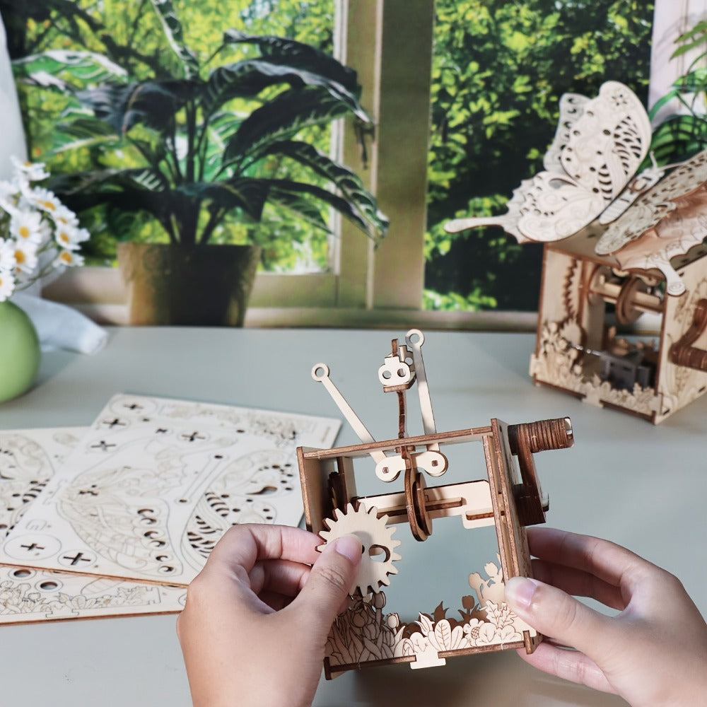 Wooden Butterfly Model Kit, Choose Color Display or Music Box Style