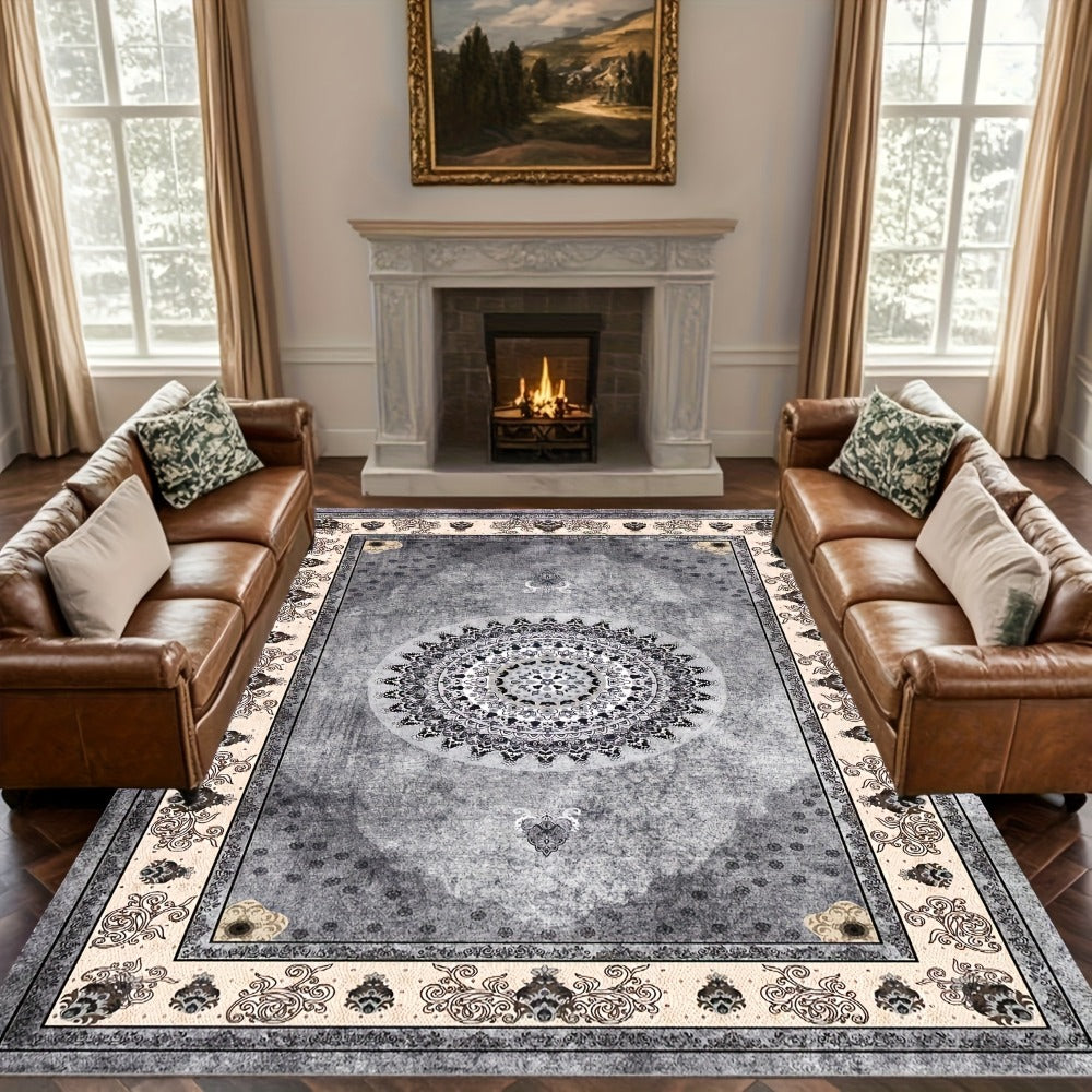 Bohemian Persian Velvet Area Rug Non-Slip Machine Washable – Vintage Floral Paisley Pattern 1000g/m² 100% Polyester Carpet for Living Room & Bedroom – 6 Sizes, High-Traffic Durable