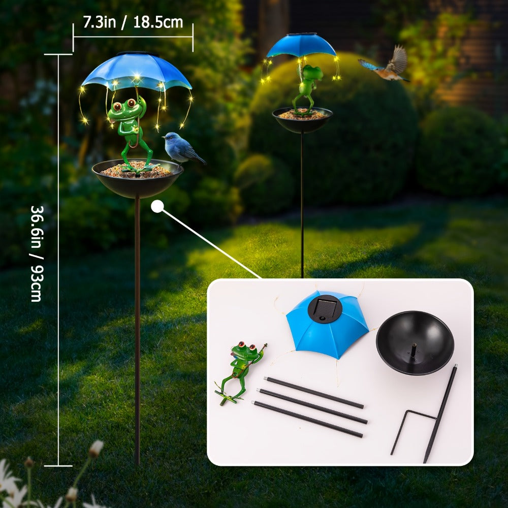 Solar Garden Decor Frog with Umbrella LED Light – Iron Frog Outdoor Statue with Solar Powered LED | Bird Feeder Garden Ornament for Patio, Lawn, Pathway & Deck | Unique Valentine Gift Yard Decoration
