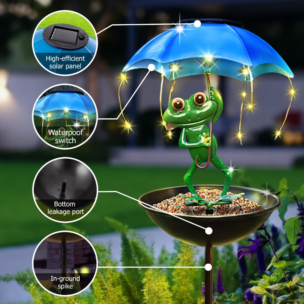 Solar Garden Decor Frog with Umbrella LED Light – Iron Frog Outdoor Statue with Solar Powered LED | Bird Feeder Garden Ornament for Patio, Lawn, Pathway & Deck | Unique Valentine Gift Yard Decoration