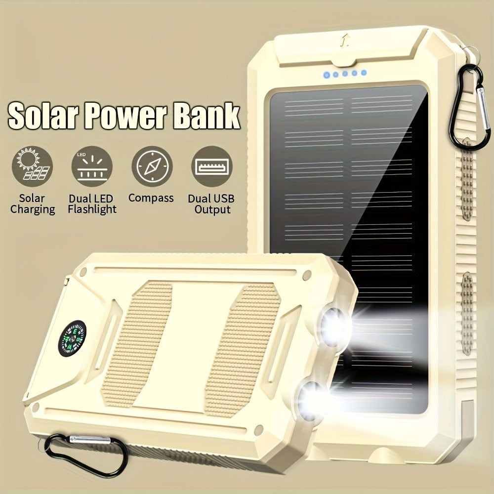 29800mAh Solar Power Bank with Compass & Dual LED Flashlight – Outdoor Camping Portable Charger, Dual USB 5V Output, SOS Emergency Battery Pack for Cell Phones & Mobile Devices, Black/Orange