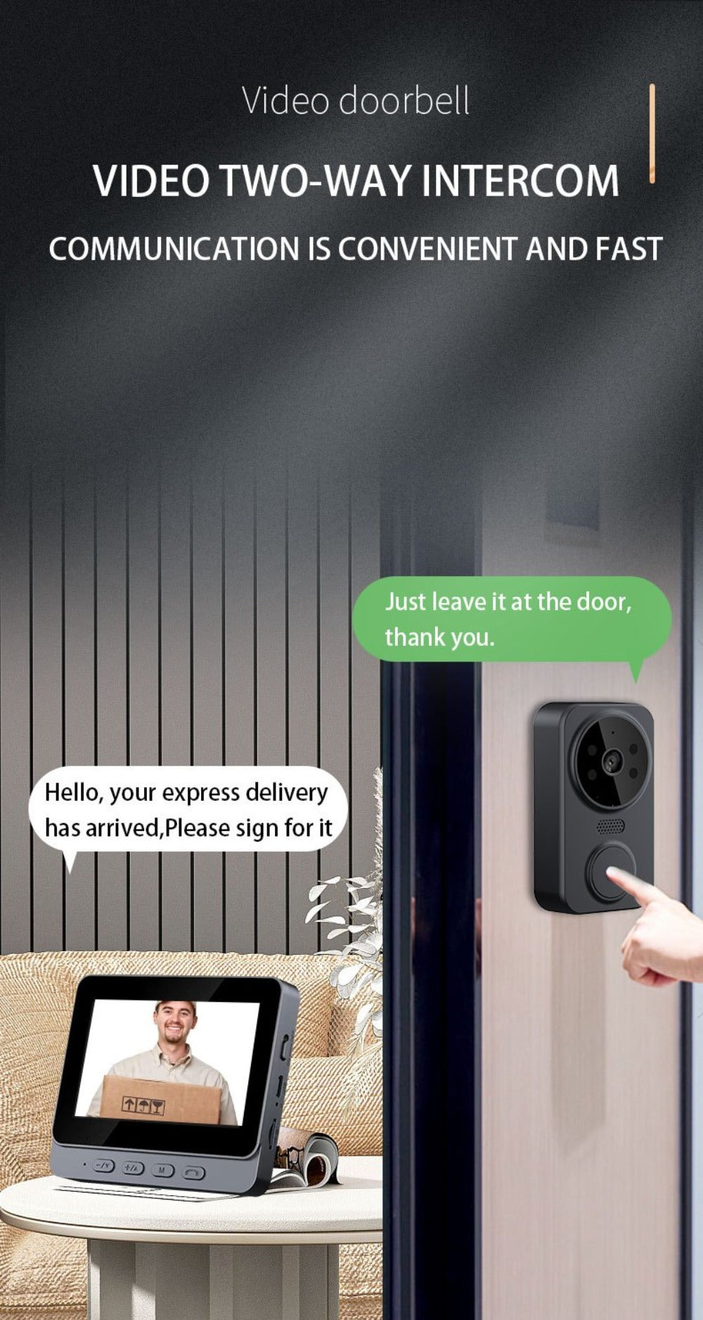 1296P Video Doorbell with 4.3" Indoor Monitor & Local SD Storage - No WiFi No App Required, Two-Way Audio, IR Night Vision, 1200mAh 2-Month Battery, 120° Wide Angle, One-Key Pairing, Black