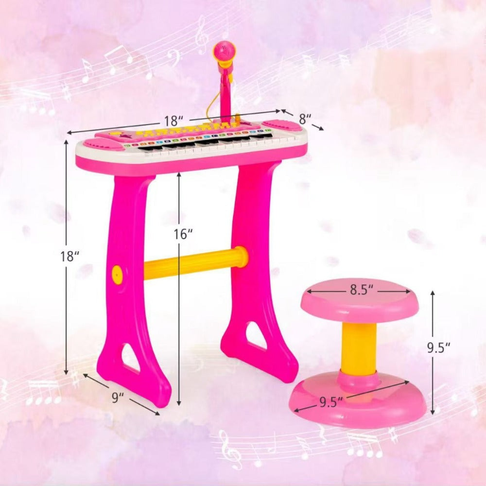 Kids Piano Keyboard Toy 31 Keys with Stool & Adjustable Microphone, Recording & Playback, Light Effects, Portable Electronic Music Instrument, Educational Gift for Boys & Girls Ages 3+, Pink