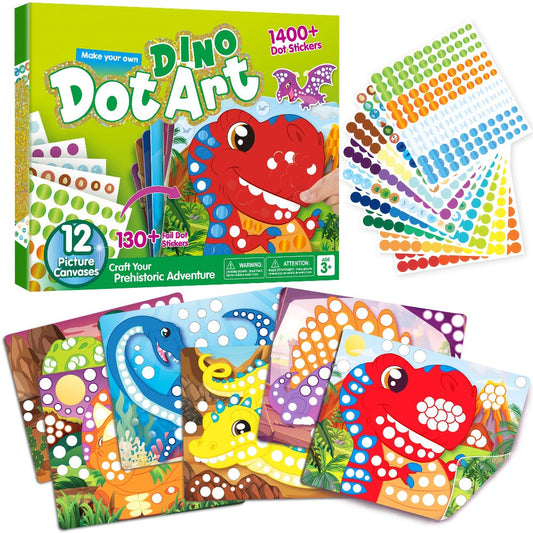 Dinosaur Dot Sticker Art Kit for Kids – 12 Double-Sided Canvases, 1,400+ Dot Stickers