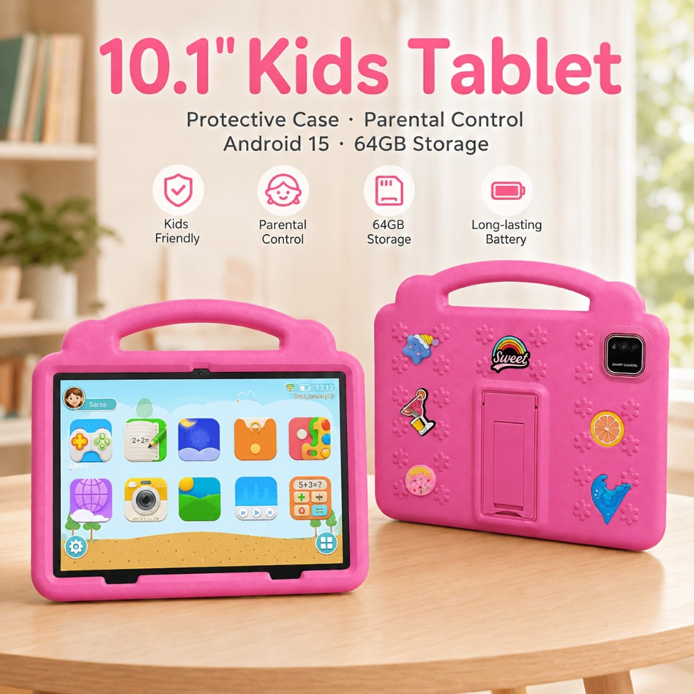 Kids Tablet 10.1 Inch Android 15 – 12GB RAM 64GB ROM Expandable 1TB, 6000mAh Battery, WiFi 6, 1280x800 IPS HD Screen, Dual Camera, Parental Controls, Pre-installed Games, Protective Case Included