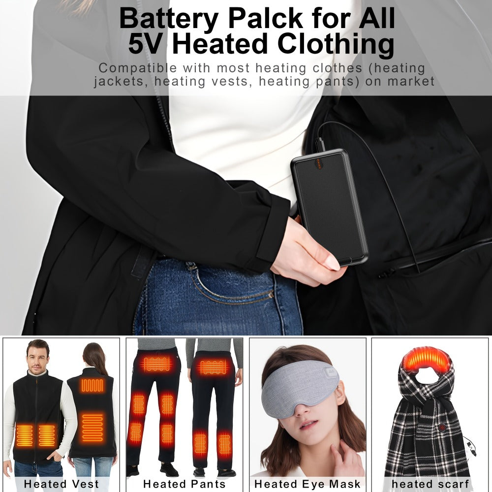 Outdoor Travel Portable Charger 10000mAh 5V/2A Battery Pack, Compact Backup Power Bank for Smartphones Tablets Heated Vest Heated Jacket Heated Clothes, Lightweight USB Charger for Men Women – Black & White