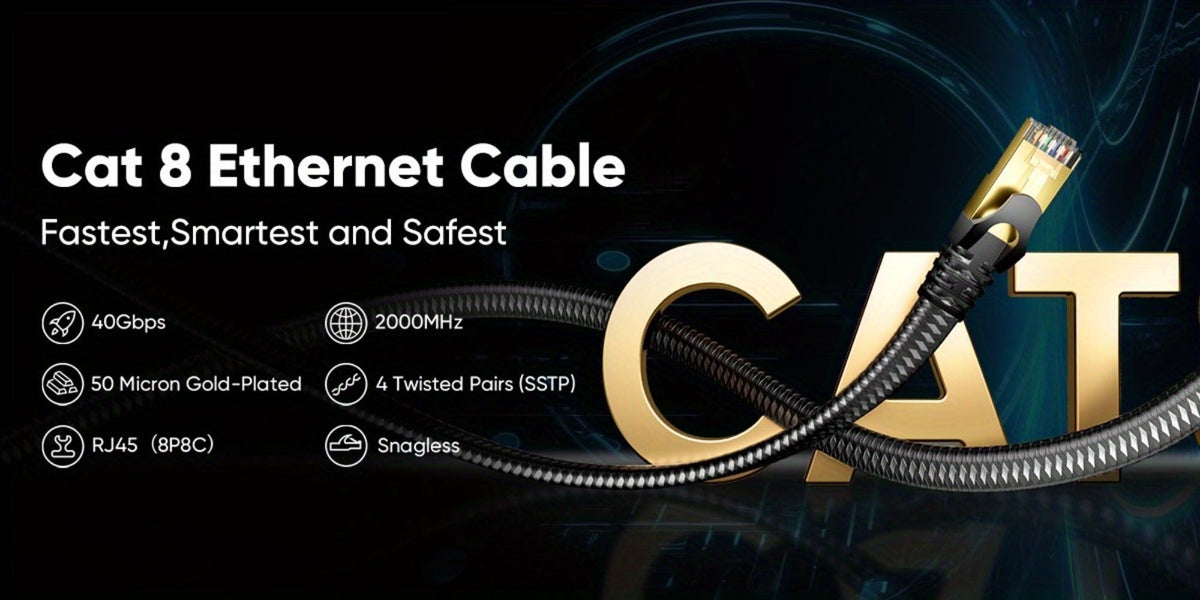 Cat 8 Ethernet Cable 100ft Flat Braided, 40Gbps 2000MHz High Speed Internet Cord, Gold Plated RJ45 SSTP Shielded Network LAN Cable for PS4 PS5 Gaming, Router, Modem, PC, Laptop, Xbox