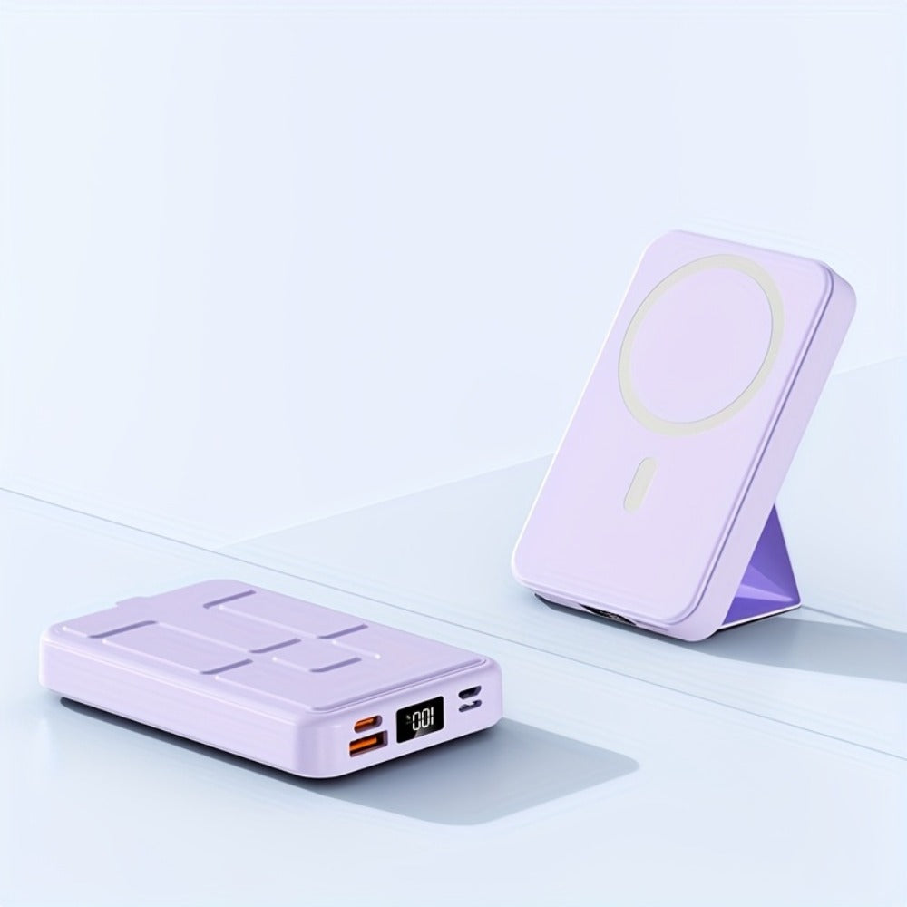 Magnetic Wireless Power Bank 10000mAh 22.5W Fast Charging Portable Charger with LED Display Built-in Kickstand PD20W USB-C Charges 3 Devices Travel Outdoor Black White Purple