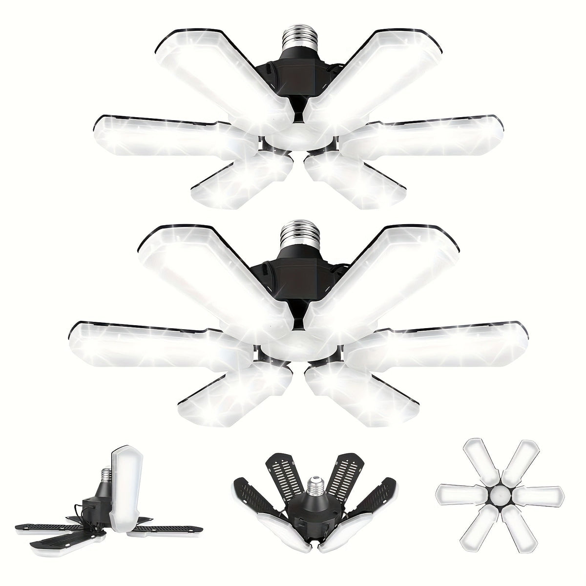LED Garage Lights 25000LM Deformable – 250W Equivalent E26/E27 Screw-In Ceiling Shop Light with 6+1 / 8+1 Adjustable Panels for Garage, Basement, Attic & Warehouse (1, 2 or 4-Pack)
