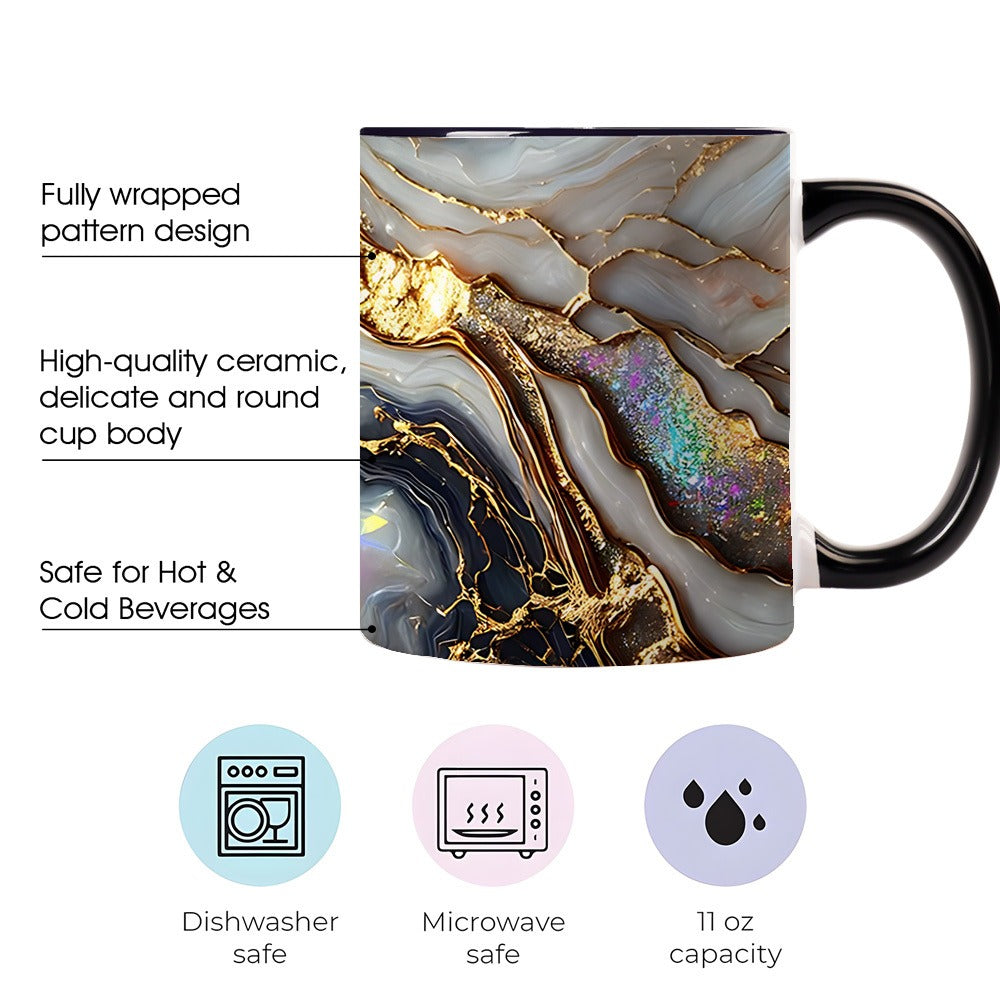 Agate Golden Vein Coffee Mug 11 Oz – Luxury Marble Pattern Ceramic Cup for Home & Office – Elegant Gift for Birthday, Mother's Day & Christmas – Black, White & Pink