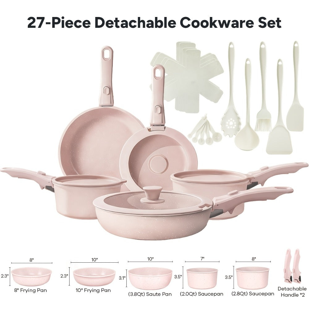 Nonstick Cookware Set 23 & 27 Piece with Removable Handles – Induction Oven Dishwasher Safe Pots and Pans | Non-Toxic Frying Pans Saucepans Space-Saving Kitchen Cooking Set in Beige & Pink
