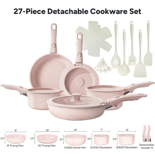 Nonstick Cookware Set with Removable Handles, 23- or 27-Piece Options
