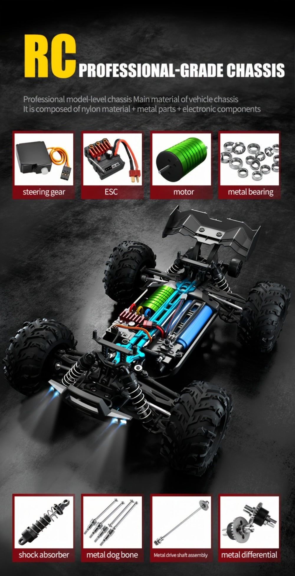 RC Off-Road Car 1:16 Scale 4WD, 70 KM/H 2.4GHz All-Terrain Monster Truck