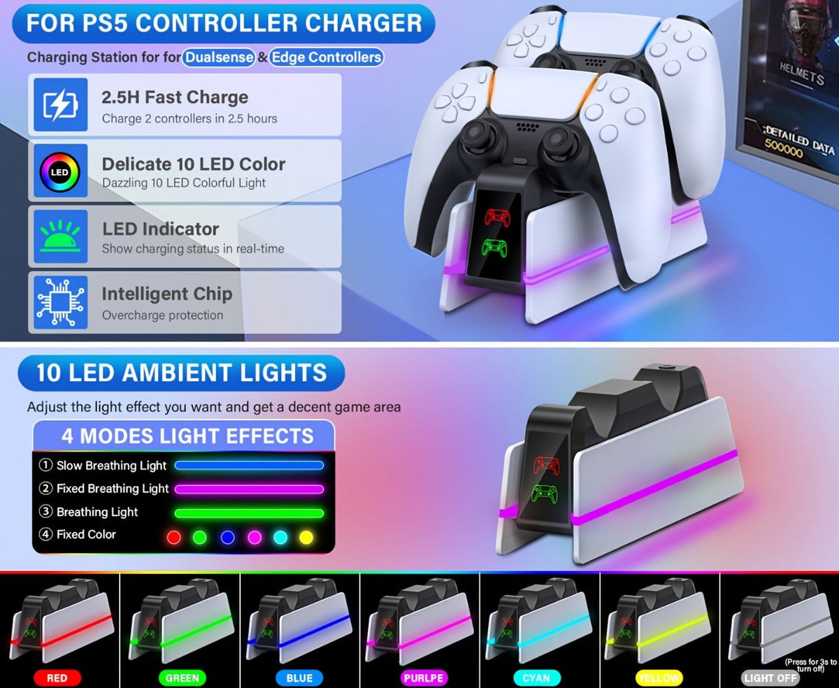 PS5 Controller Charging Station 9-Color LED Light Fast Charging Dock for DualSense & DualSense Edge - Compatible with PS5 Slim Pro All Models