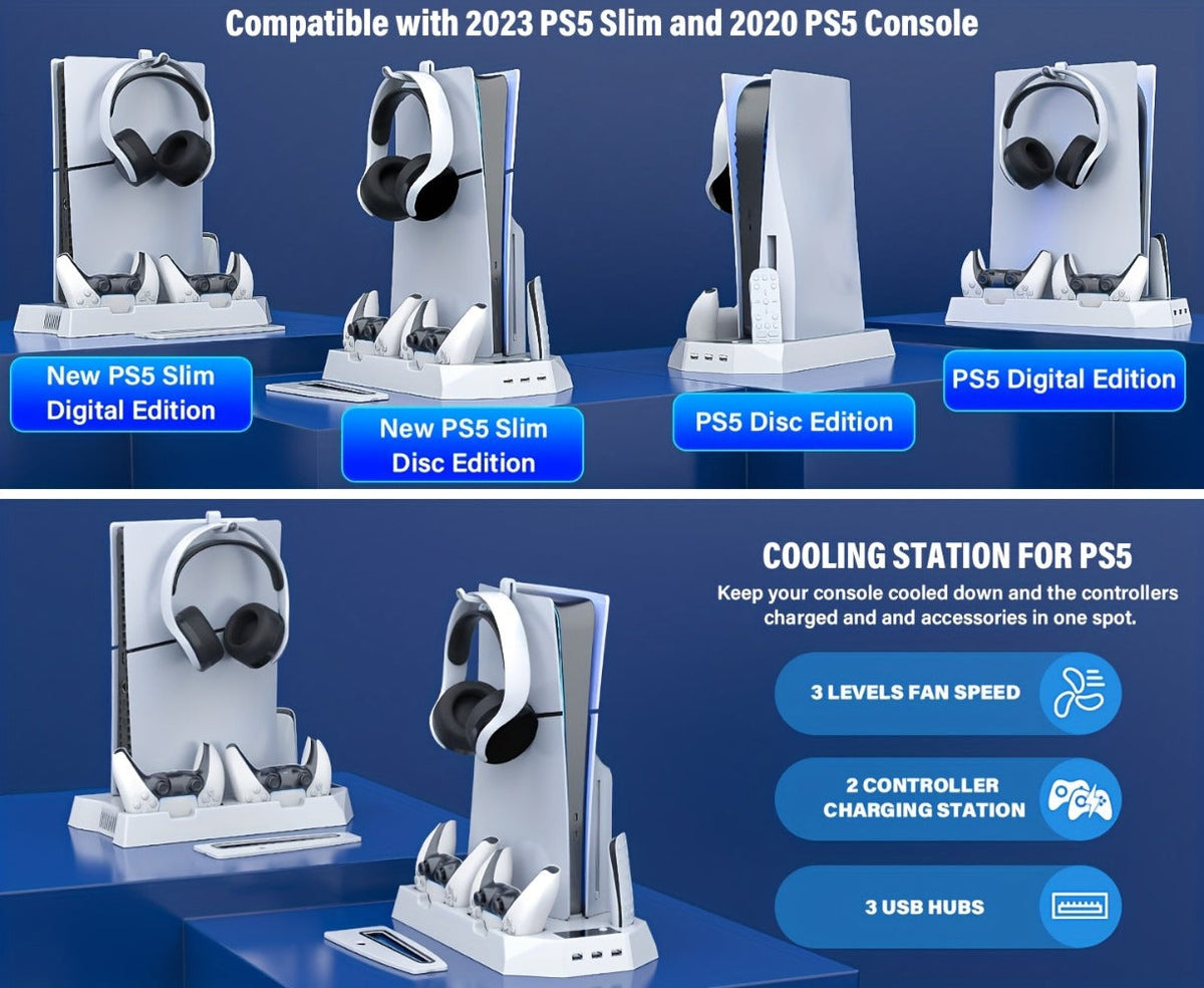 PS5 Cooling Station with Controller Charging Dock - Compatible with PS5 Slim Pro Standard Disc Digital, Dual Controller Charger Turbo Fan 3-Port USB Hub Headset Holder All-in-One PS5 Accessory