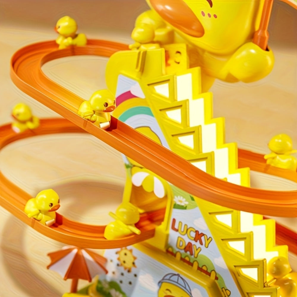 Electric Duck Climbing Stairs Toy with Music and Six-Duck Slide Loop