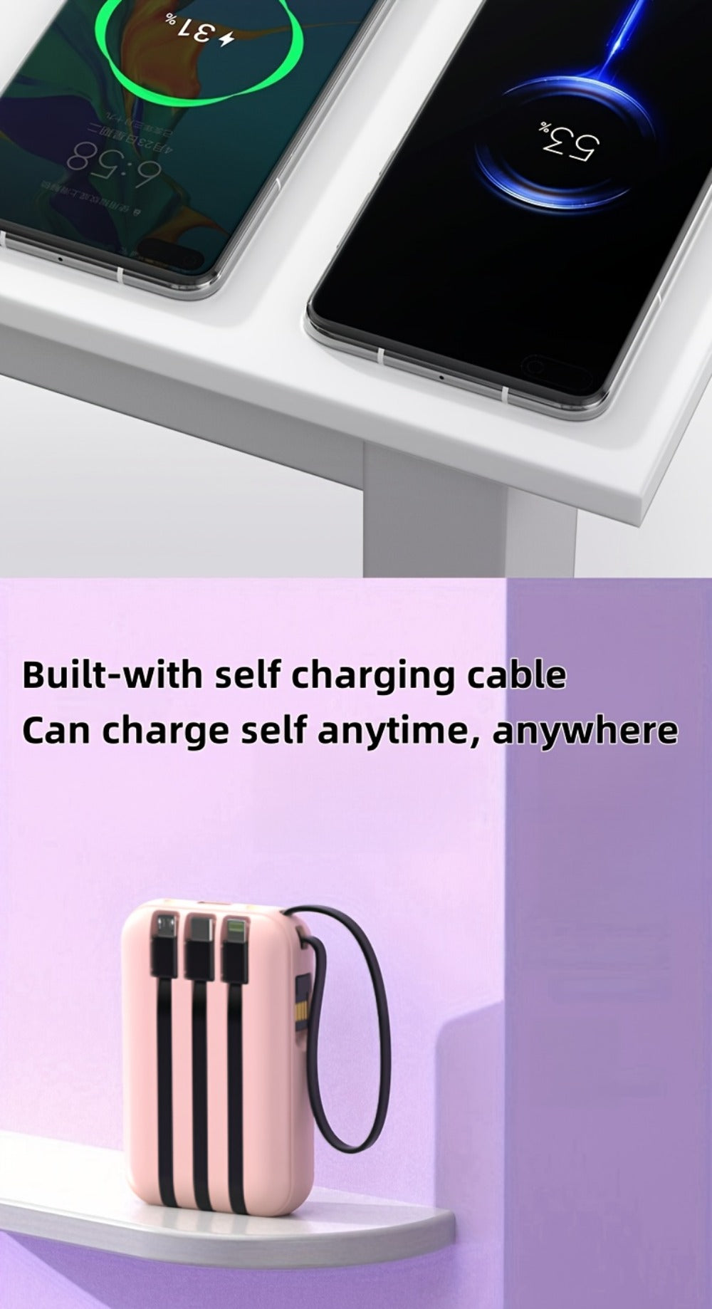 10000mAh Mini Power Bank with Built-in 4 Cables – 22.5W Super Fast Charging, LED Display, Cute Portable Charger for iPhone, Android, Samsung & Travel, Ultra-Compact Battery Pack with LED Light