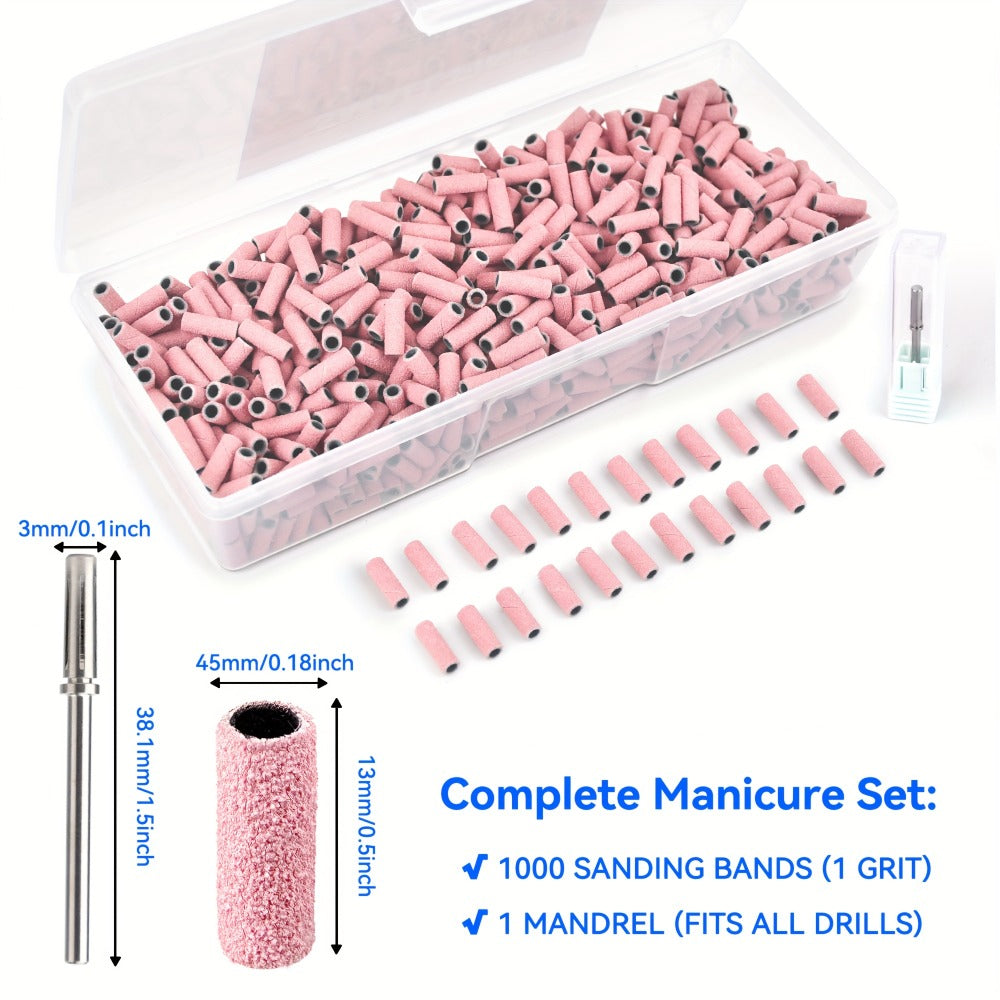 Nail Sanding Bands 1000 Pack with Mandrel Bit – Coarse Medium Fine Grit 3mm Nail Drill Bits for Acrylic Removal, Natural Nail Filing & Smoothing – Professional Manicure Pedicure Salon Nail Care Tools