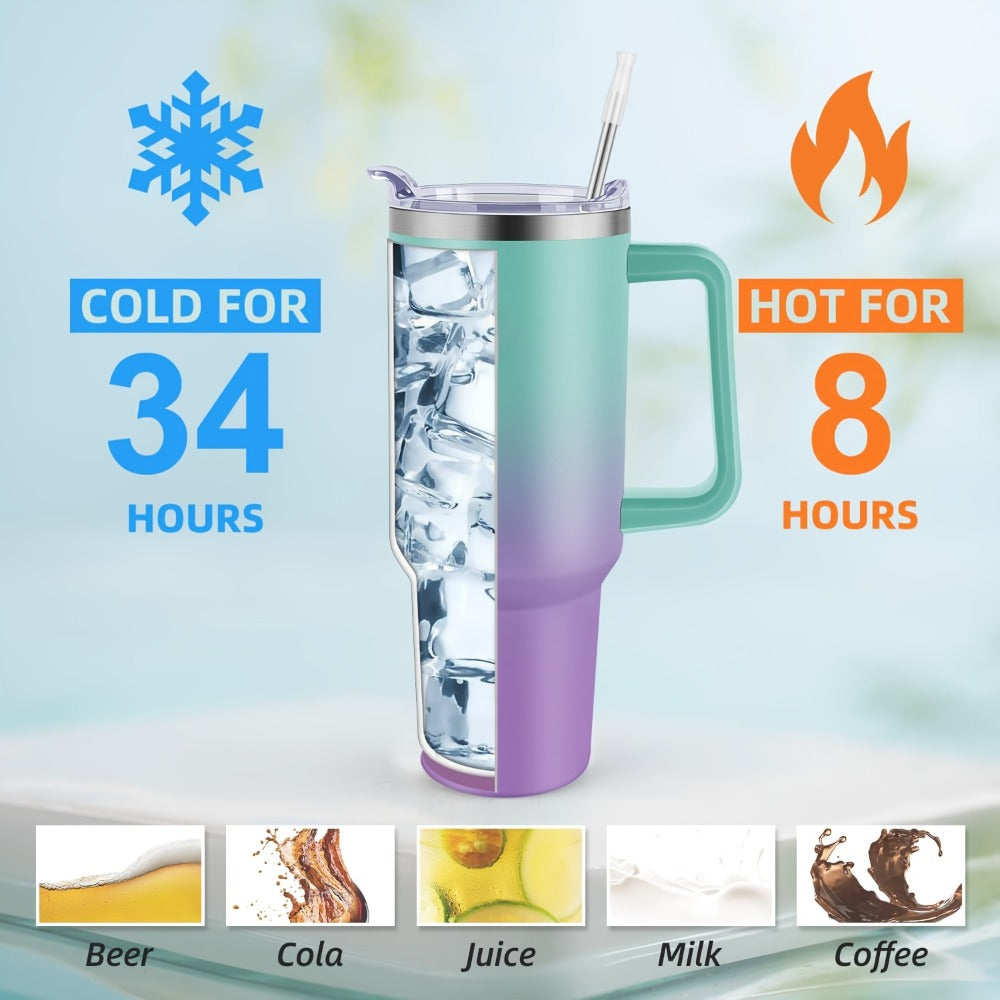 Insulated Tumbler 40 Oz with Carry Bag & Handle – Stainless Steel Thermos with Straw & Spout Lid – Ice Compatible Gym Water Bottle & Travel Mug – Pink Blue Gradient Gift for Women & Teens
