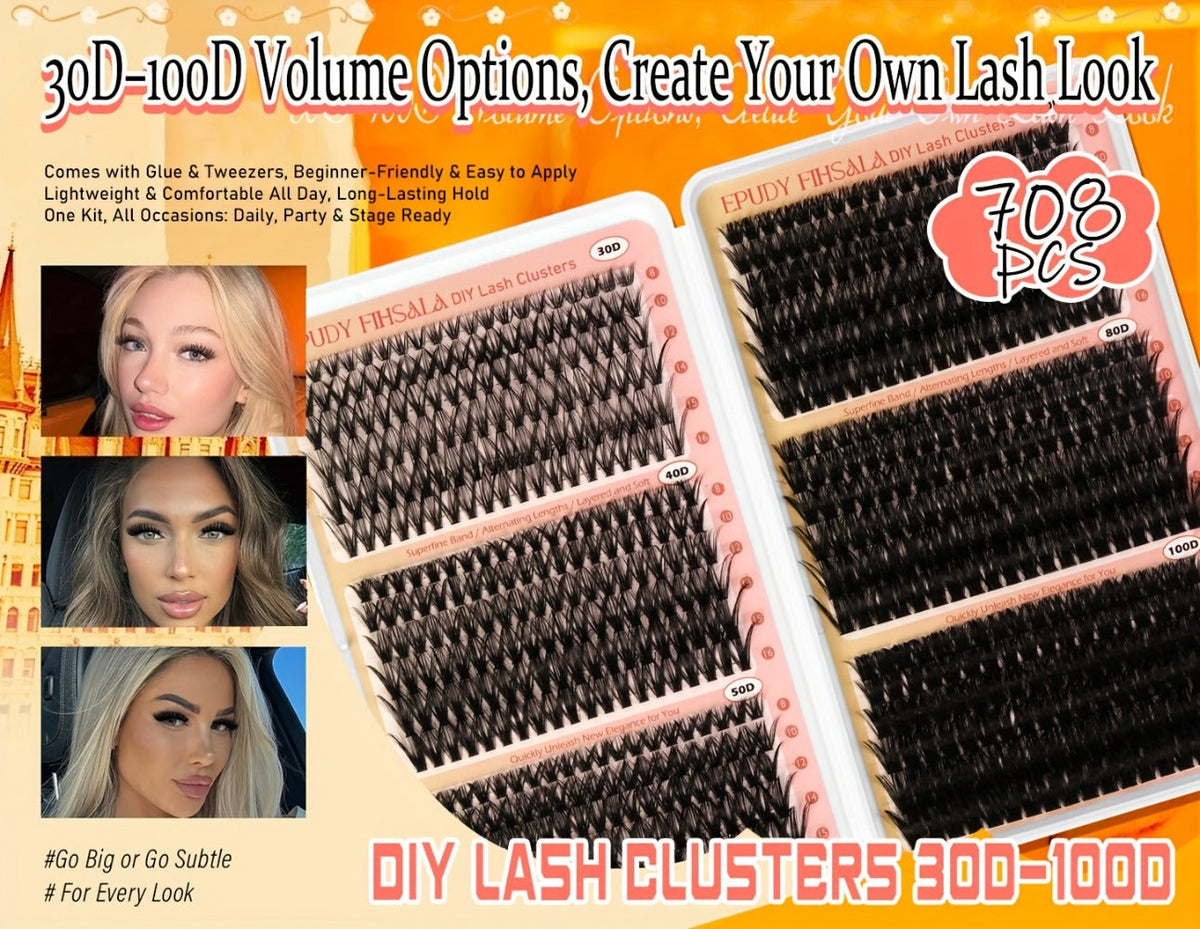 708Pcs Mixed Density Lash Clusters Kit 8-16mm 30D-100D Mega Volume with Glue Tweezers & Brush – Soft Reusable DIY Cluster Lashes for Natural to Dramatic Salon-Style Eye Makeup at Home