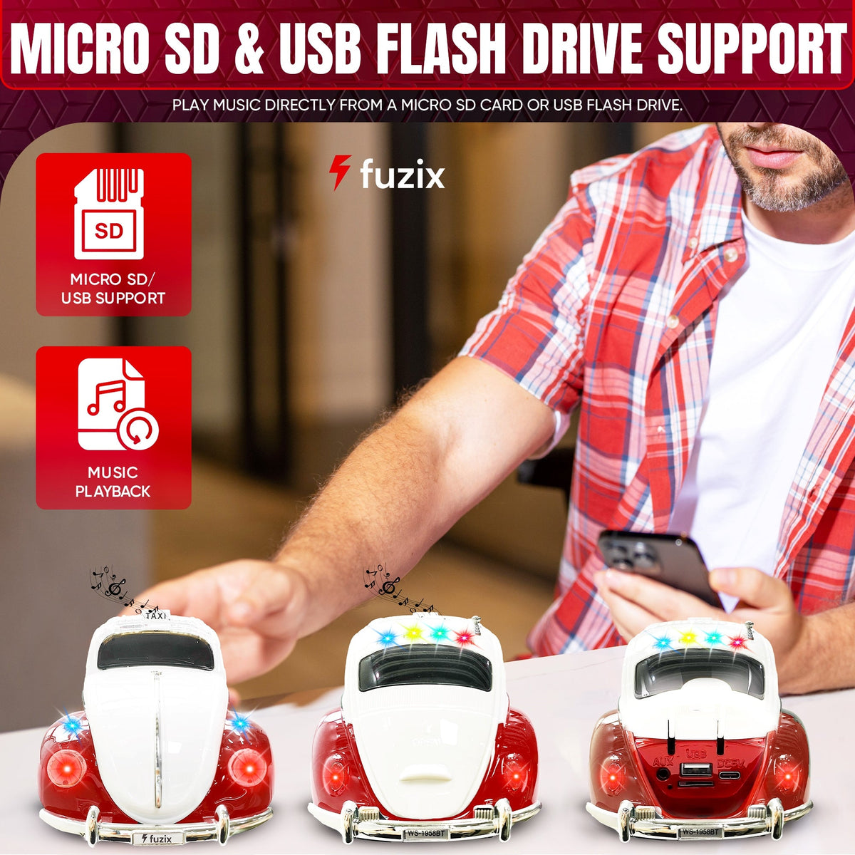 Fuzix WS-1958 Vintage Car Bluetooth Speaker with LED Headlights & Taillights | Retro Wireless Stereo, FM Radio, AUX/USB/TF, Built-in Mic, Rechargeable – Novelty Gift for Car Enthusiasts & Music Lovers