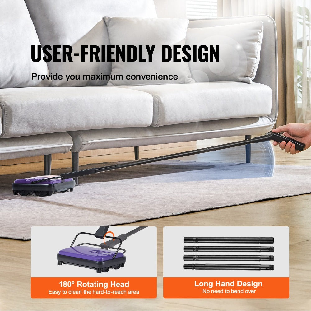 Manual Carpet Sweeper Push Non-Electric 300ml Dustbin 6.7in Width 180° Rotating Head Quiet Floor Sweeper for Home Office Pet Hair Hardwood Tile