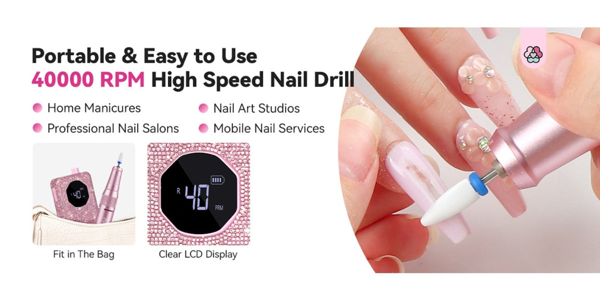 Electric Nail Drill 40000 RPM Rechargeable Professional Nail Drill Machine 4000mAh Battery LCD Display Ceramic Bits Sanding Bands for Acrylic Gel Nails Salon Home Use