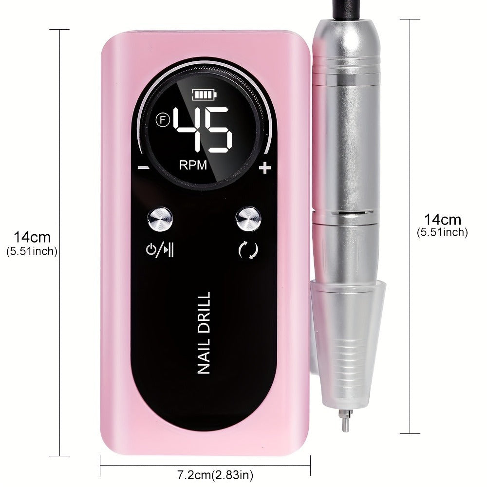 Low Noise Nail Drill Cordless 45000RPM Adjustable Speed with Power Display Portable Nail File Grinder for Gel Acrylic Nails Manicure Pedicure Home Salon Use Pink White Purple