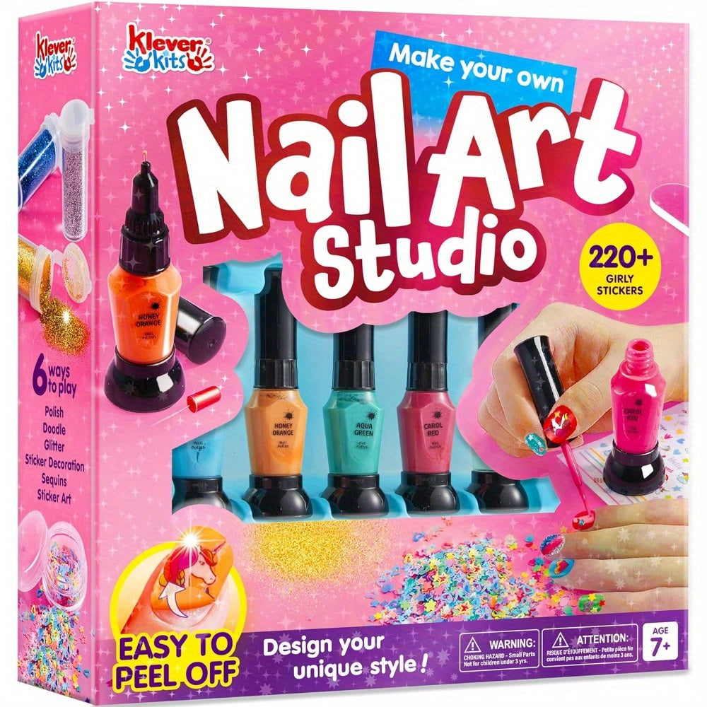 Kids Nail Art Kit with 220+ Stickers, Glitter & Polish Brush Pens
