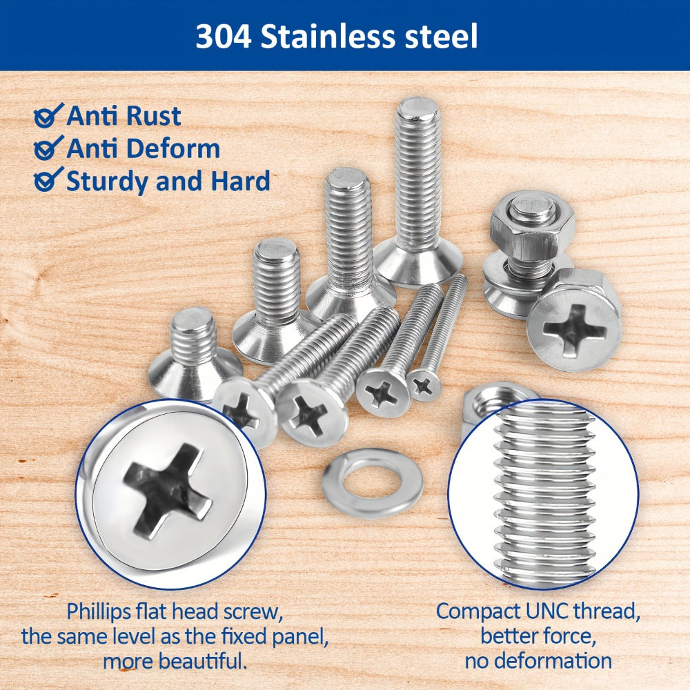 1575pcs 304 Stainless Steel Nuts and Bolts Assortment Kit – Pan Head Flat Head Screws Nuts Washers with Double-Sided Storage Box for Home & Mechanical Repairs