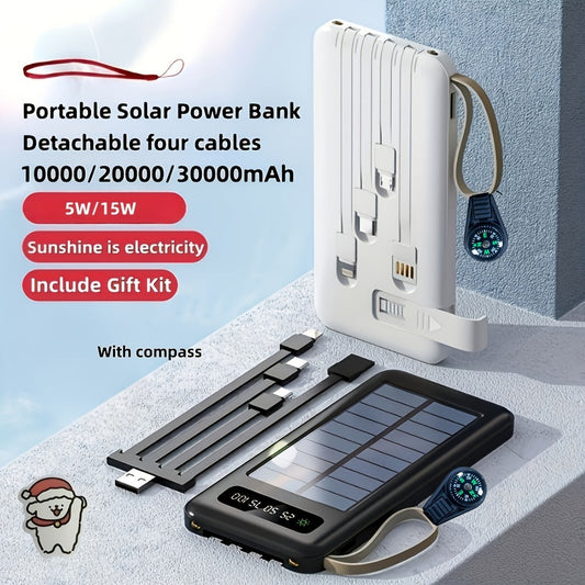 Solar Power Bank with Built-in 4 Cables LED Flashlight 15W Fast Charging Digital Display Dual USB USB-C Portable Charger 10000mAh 20000mAh 30000mAh for iPhone Android Camping Hiking