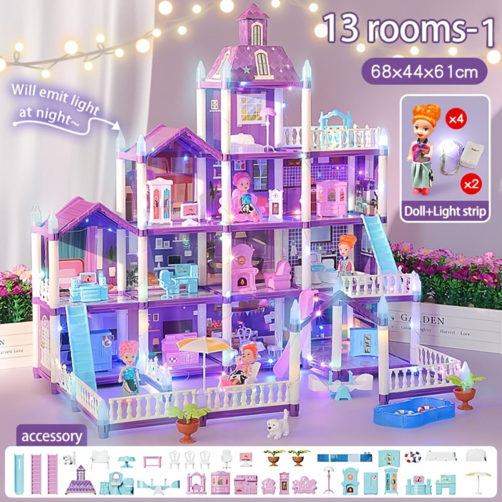 Purple LED Dollhouse Playset with 6 to 16 Room Options and Furniture