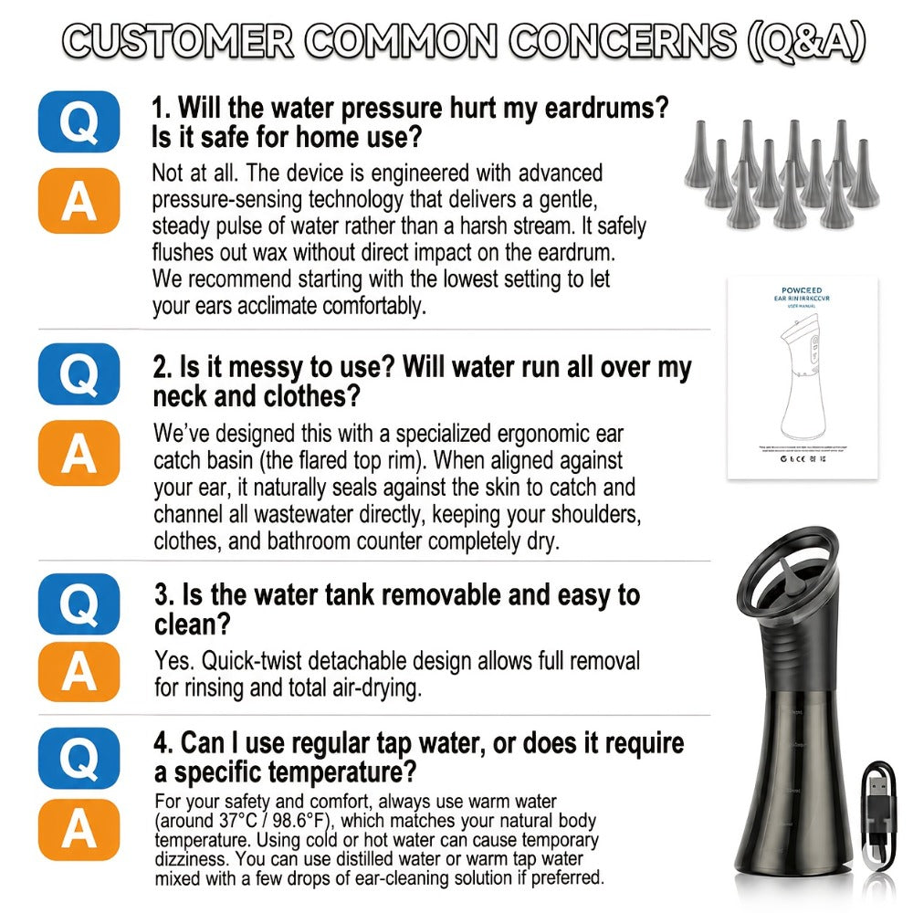 Electric Ear Wax Removal Kit with One-Piece Waste Tank – Water Temperature Sensor, 2000mAh Battery, LED Power Display, Professional Safe Ear Irrigation Cleaner