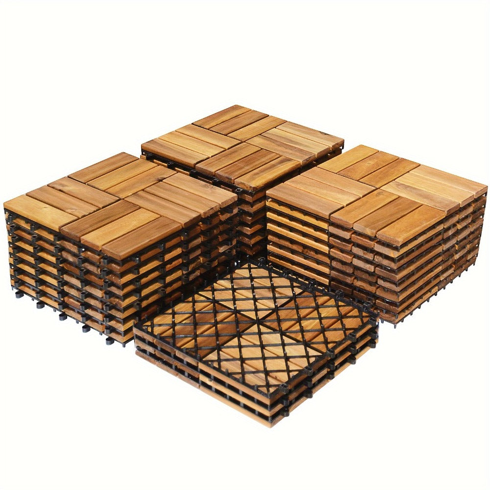 Interlocking Acacia Wood Deck Tiles 27-Pack – 12x12 Inch Oil-Finished Slat Tiles, Covers 27 Sq Ft, Tool-Free Install, for Patio, Balcony, Garden, Deck & Indoor Flooring