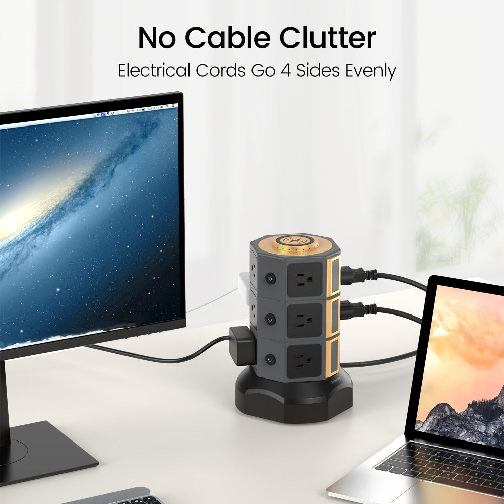 Wireless Charging Tower Power Strip 18-in-1 Surge Protector - 12 AC Outlets, 6 USB Ports (2 USB-C), 1050 Joules, 5ft Retractable Cord, Gold Desktop Charging Tower for Home Office Dorm
