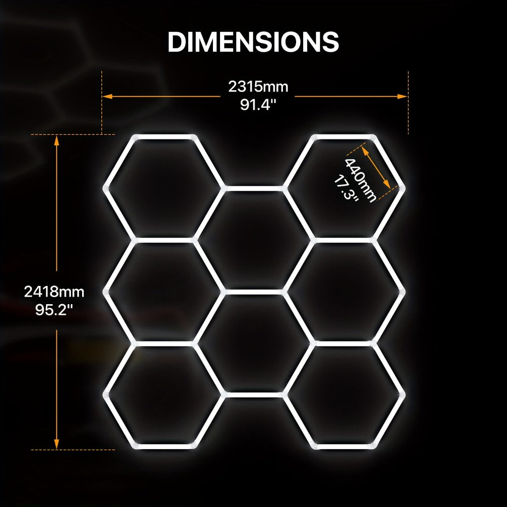 LED Hexagonal Garage Light 6500K – Super Bright Daylight White Shop Light 42W–620W for Auto Detailing, Warehouse, Workshop, Basement & Gym (1 to 32 Grids, Hex Frame Available)